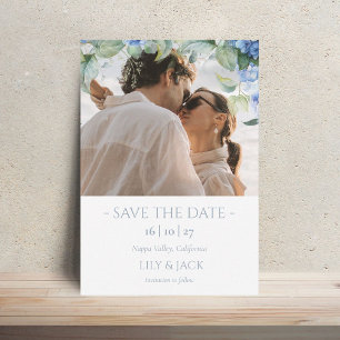 Blue & White Hydrangea Photo Save The Date Card
