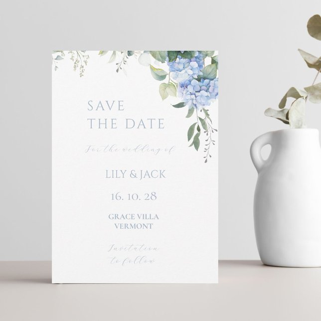 Blue & White Hydrangea Wedding Save The Date Card (Creator Uploaded)