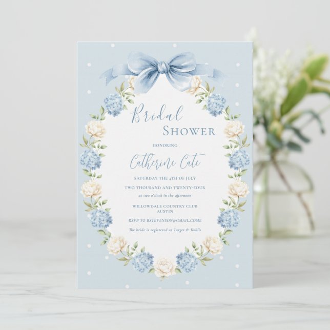 Blue White Hydrangeas Ribbon Vintage Bridal Shower Invitation (Standing Front)