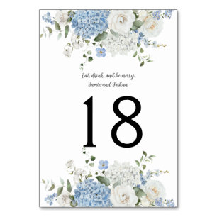 Blue White Hydrangeas, Roses Wedding Table Number