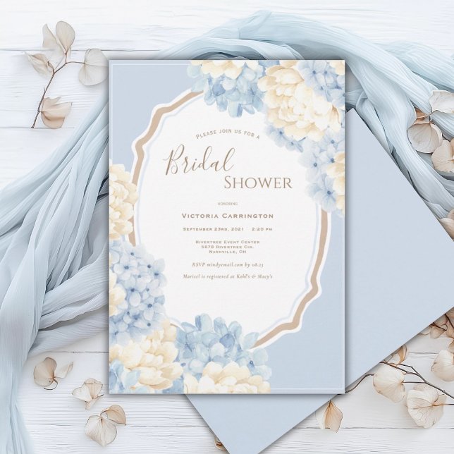 Blue & White Hydrangeas Vintage Bridal Shower Invitation (Creator Uploaded)