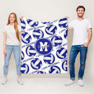 blue white I love volleyball sports room decor Fleece Blanket