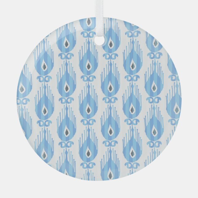 Blue White Ikat Pattern Design Glass Tree Decoration (Front)