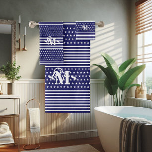 Blue White Independence Day Star & Stripe Monogram Bath Towel Set