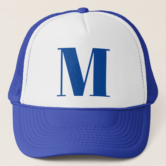 Blue White Initial Letter Monogram Modern Stylish Trucker Hat (Front)