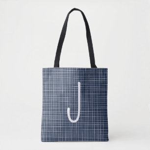 Blue & White Irregular Woven Line Pattern Initial Tote Bag