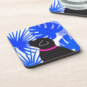 Blue White Island Tropical Black Dog Coaster Set