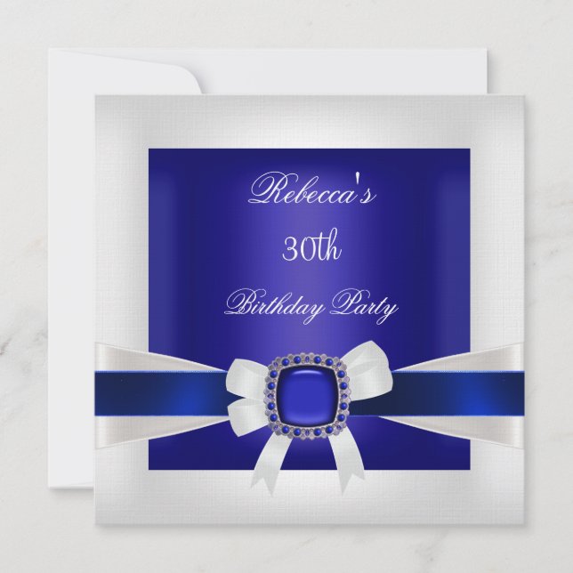 Blue White Jewel Bow 30th Birthday Party Silver Invitation (Front)