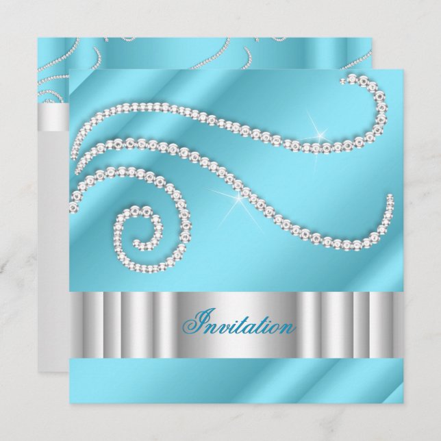 Blue White Jewel diamonds Silver Birthday Party Invitation (Front/Back)