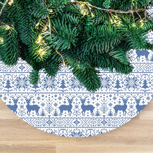Blue & White Knit Ugly Sweater Pattern Script Name Fleece Tree Skirt (Creator Uploaded)