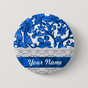 Blue & white lace 6 cm round badge