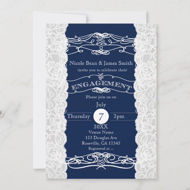 Blue & White Lace Elegant ENGAGEMENT Invitations (Front)