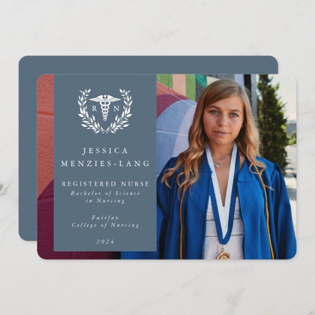 Blue + White Laurel Wreath Registered Nurse Photo Announcement (Front/Back)