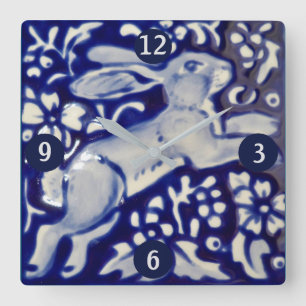 Blue & White Leaping Rabbit Hare Ceramic Tile Art Square Wall Clock