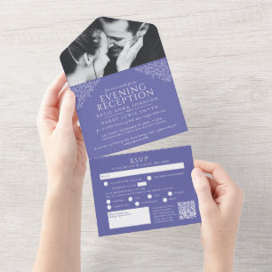 Blue white leaves photo evening reception RSVP QR All In One Invitation
