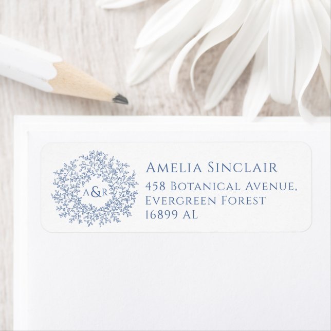 Blue white leaves wedding return address (Insitu)