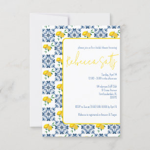 Blue White Lemon Mediterranean Tile Bridal Shower Invitation