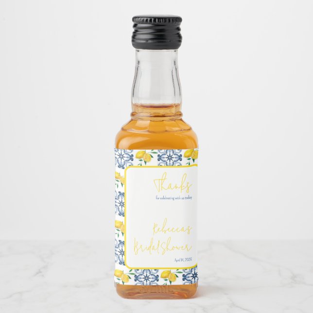 Blue White Lemon Mediterranean Tile Bridal Shower Liquor Bottle Label (Front)