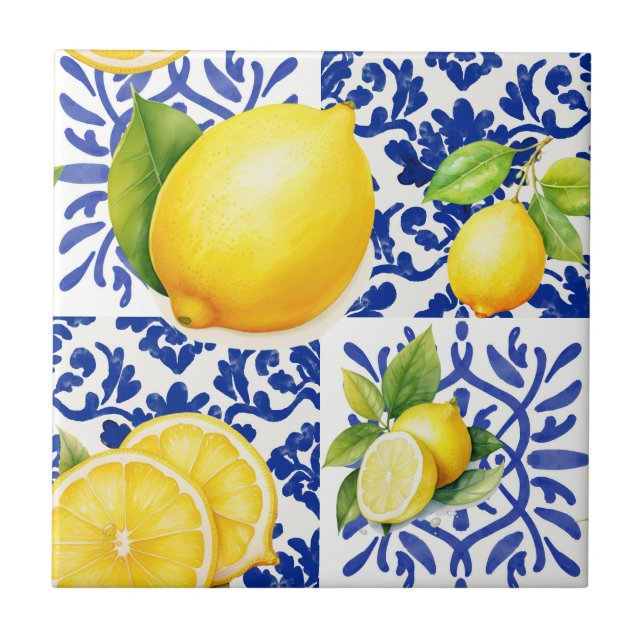 Blue White Lemon Pattern Mediterranean Citrus Tile (Front)