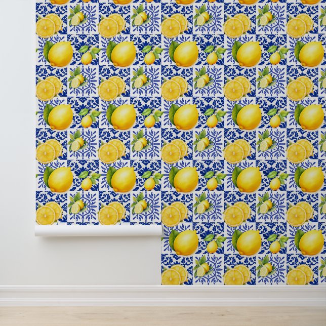 Blue White Lemon Pattern Mediterranean Citrus Wallpaper (Application)