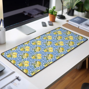 Blue White Lemon Tile Mediterranean Pattern Desk Mat