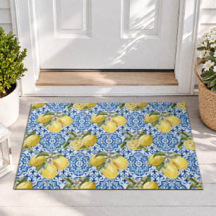 Blue White Lemon Tile Mediterranean Pattern Doormat
