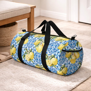 Blue White Lemon Tile Mediterranean Pattern Duffle Bag