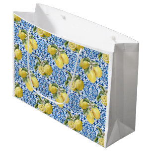 Blue White Lemon Tile Mediterranean Pattern Large Gift Bag