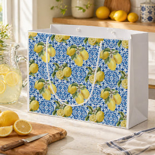 Blue White Lemon Tile Mediterranean Pattern Large Gift Bag