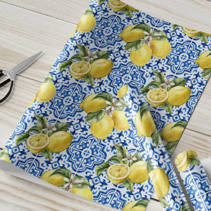 Blue White Lemon Tile Mediterranean Pattern Wrapping Paper
