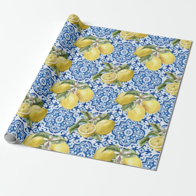 Blue White Lemon Tile Mediterranean Pattern Wrapping Paper (Unrolled)