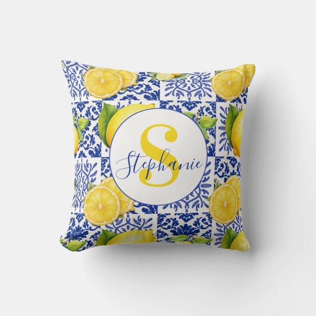 Blue White Lemon Tile Pattern Citrus Monogram Name Cushion (Front)