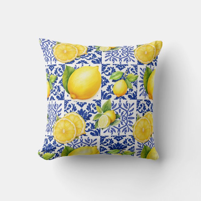 Blue White Lemon Tile Pattern Mediterranean Citrus Cushion (Front)