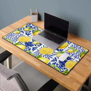 Blue White Lemon Tile Pattern Mediterranean Citrus Desk Mat