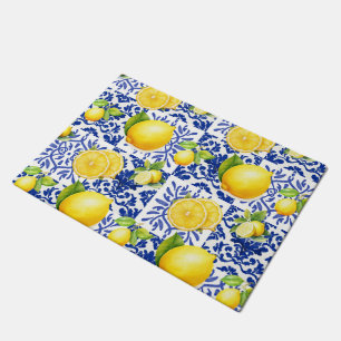 Blue White Lemon Tile Pattern Mediterranean Citrus Doormat