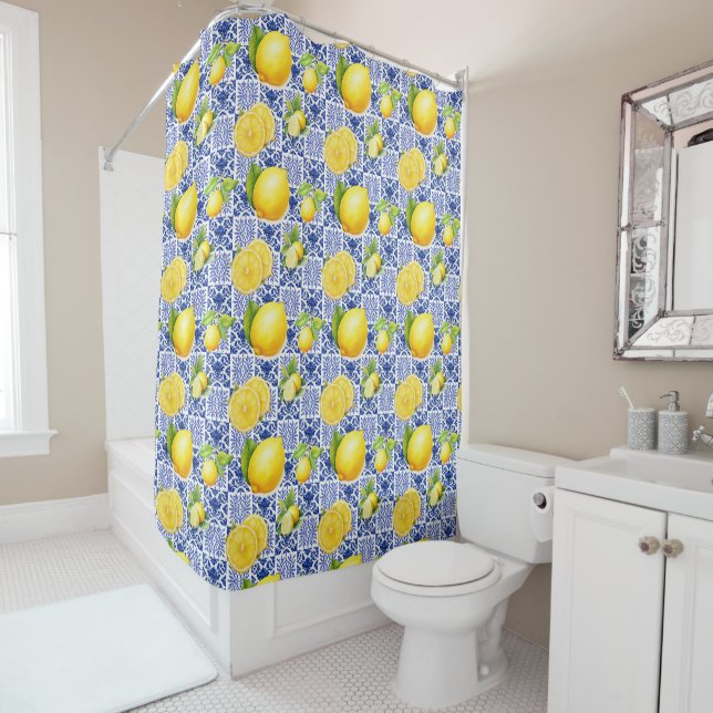 Blue White Lemon Tile Pattern Mediterranean Citrus Shower Curtain (In Situ)