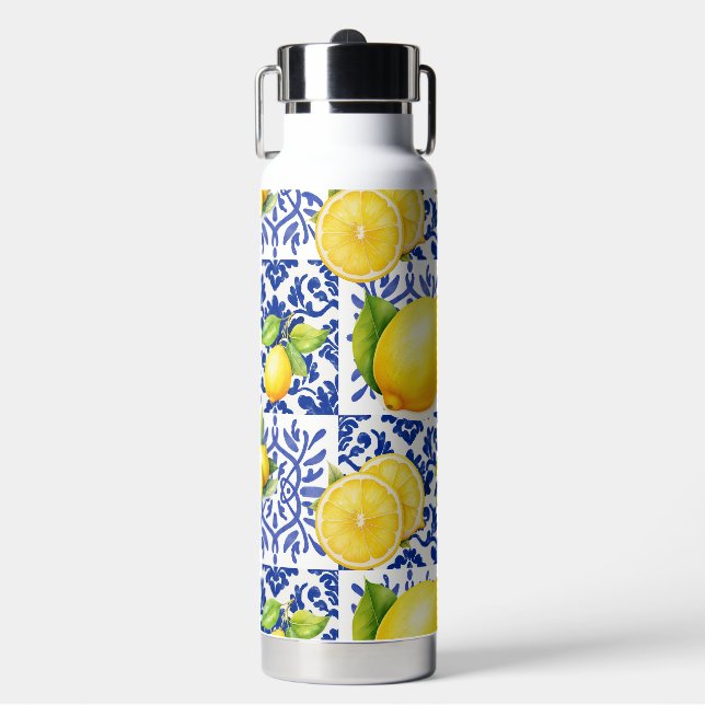 Blue White Lemon Tile Pattern Mediterranean Citrus Water Bottle (Front)