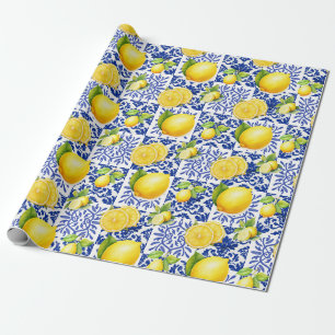 Blue White Lemon Tile Pattern Mediterranean Citrus Wrapping Paper