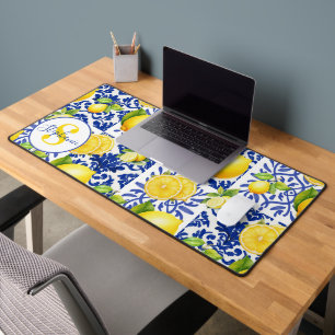 Blue White Lemon Tile Pattern Monogram Name Citrus Desk Mat