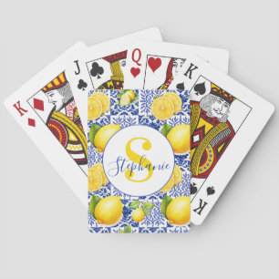 Blue White Lemon Tile Pattern Monogram Name Citrus Playing Cards