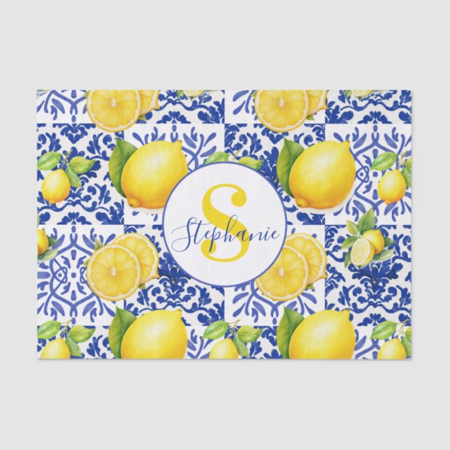 Blue White Lemon Tile Pattern Monogram Name Citrus Tissue Paper (Front)