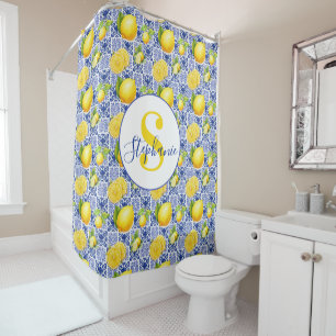 Blue White Lemon Tile Pattern Name Monogram Citrus Shower Curtain