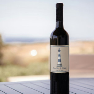Blue White Lighthouse Border Kraft Wedding Wine Label