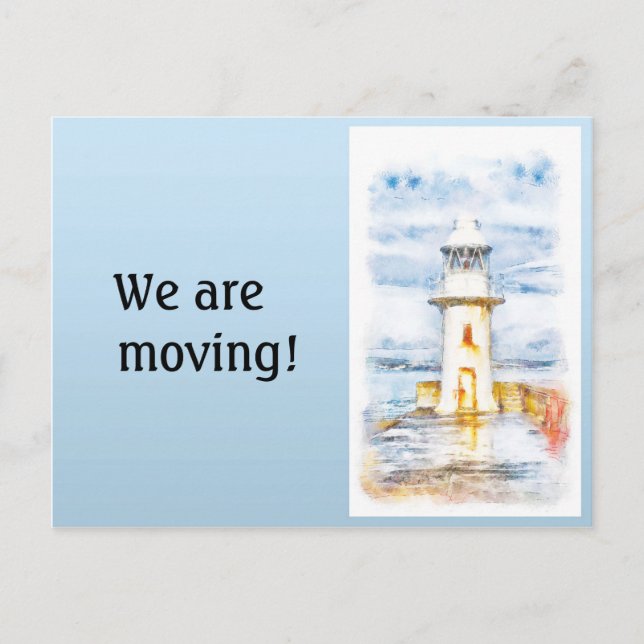 Blue White Lighthouse Change of Address Announcement Postcard (Front)