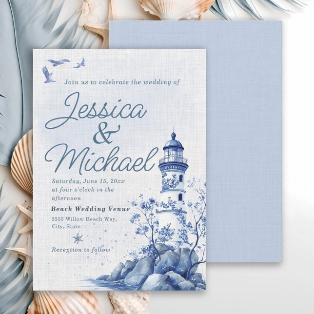 Blue White Lighthouse Coastal Beach Wedding  Invitation (Blue and white lighthouse/nautiical/beach wedding invitation)
