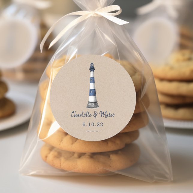 Blue White Lighthouse Kraft Wedding Classic Round Sticker (Creator Uploaded)