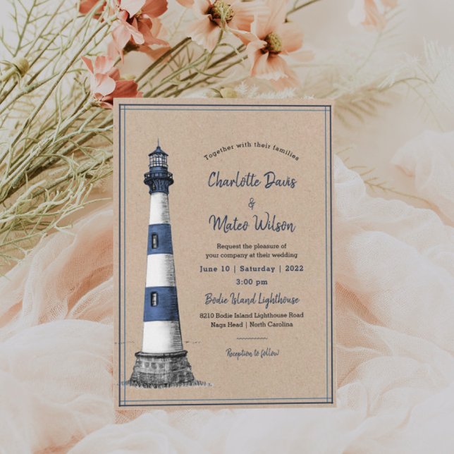Blue White Lighthouse Kraft Wedding Invitation (Creator Uploaded)