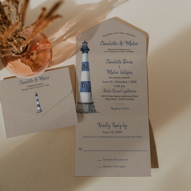 Blue White Lighthouse Kraft Wedding Invitation (Creator Uploaded)