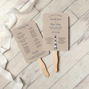 Blue White Lighthouse Kraft Wedding Program Hand F Hand Fan