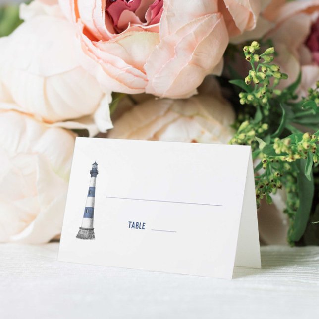 Blue White Lighthouse Wedding Folded Place Card (Creator Uploaded)